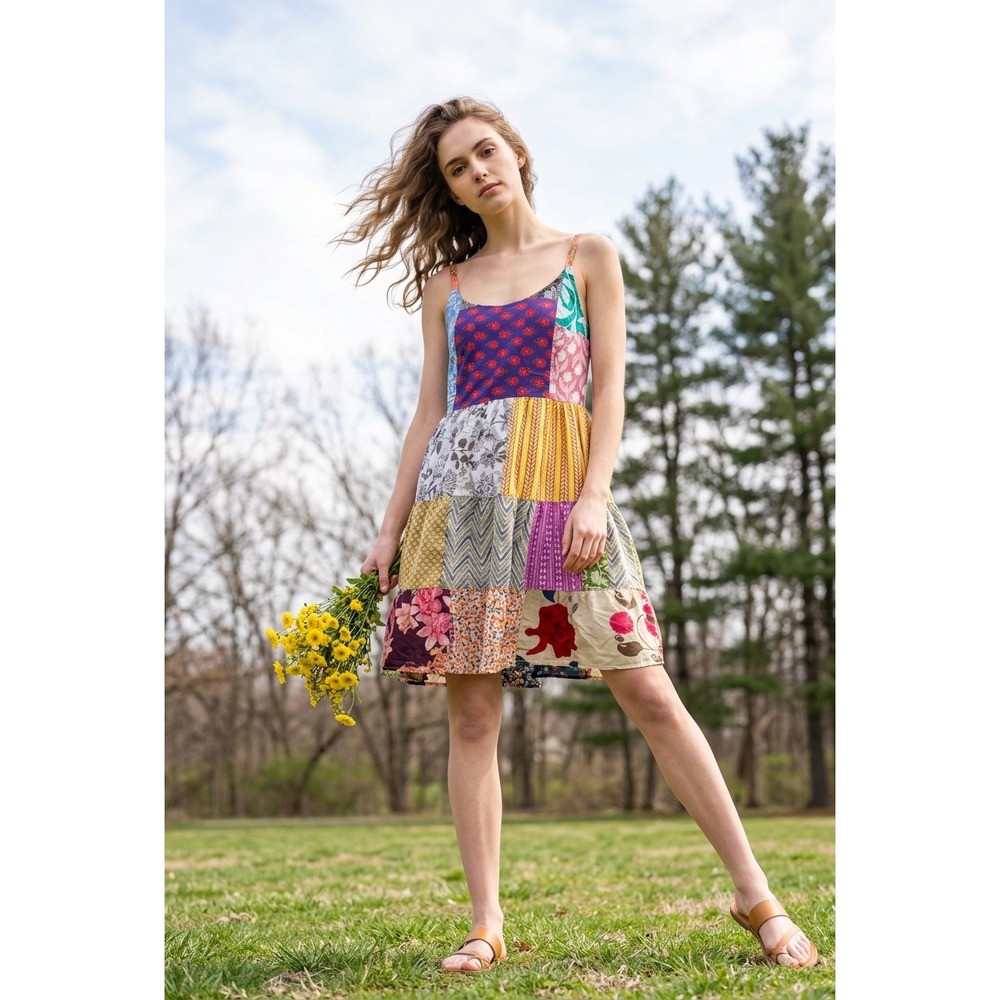 OS Boho Patchwork Mini Dress JESSICA TAYLOR Smocked Back Sun Dress NWT